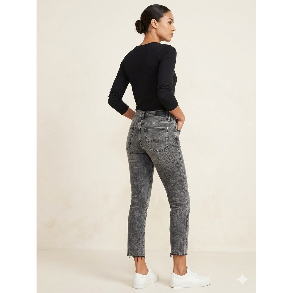7 For All Mankind Jeans Womens High Waist Size 27 Grey/Black Acid Wash Raw Hem